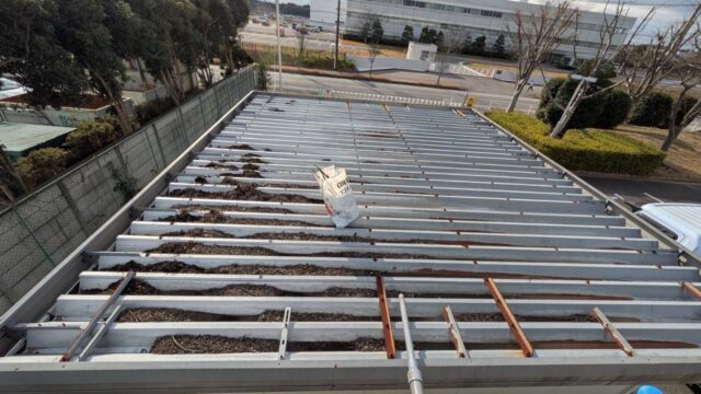 プレハブ屋根の落ち葉・枝　清掃作業